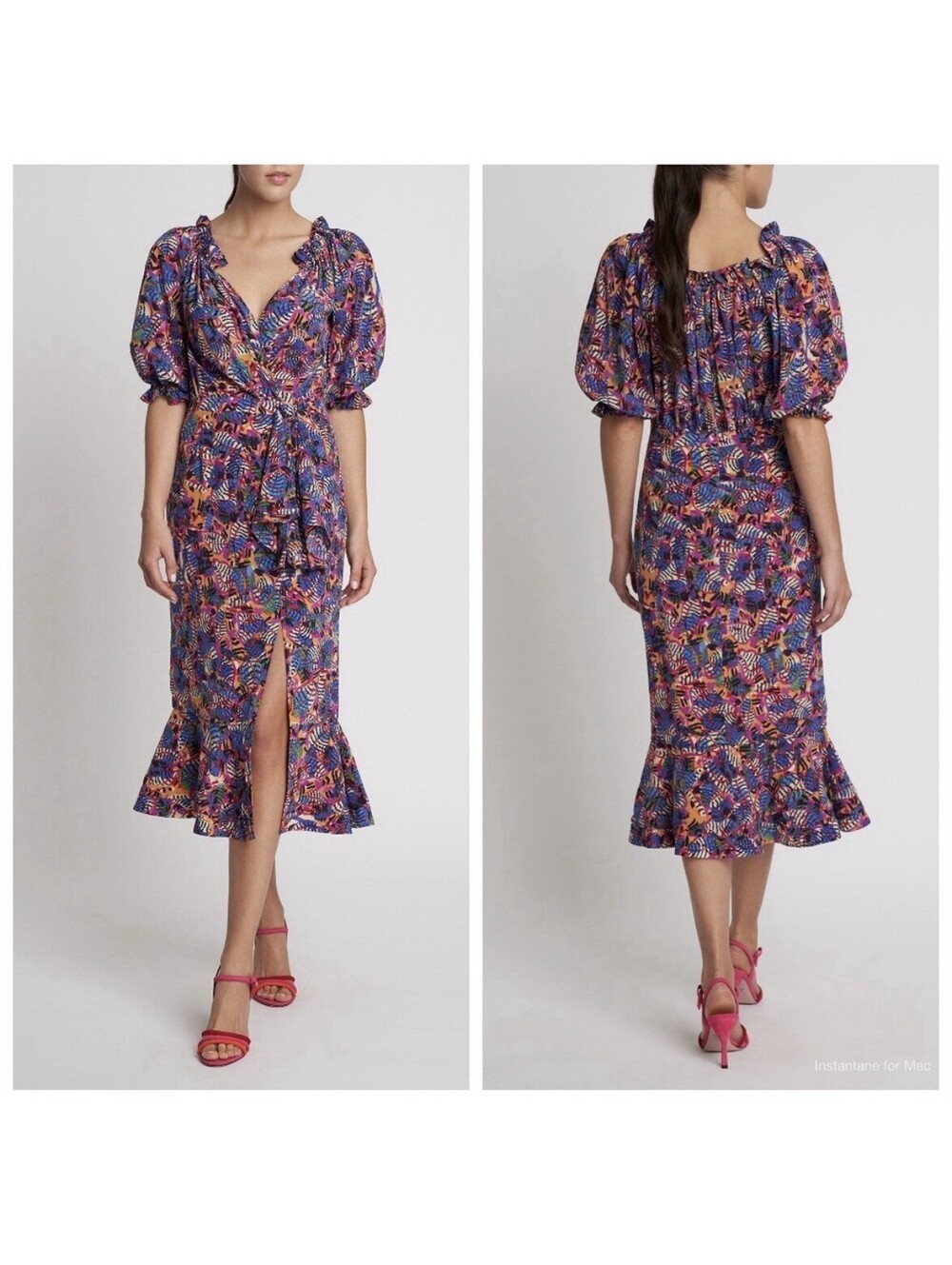 Saloni Olivia Wrap-Effect Midi Dress Red Floral Print Silk